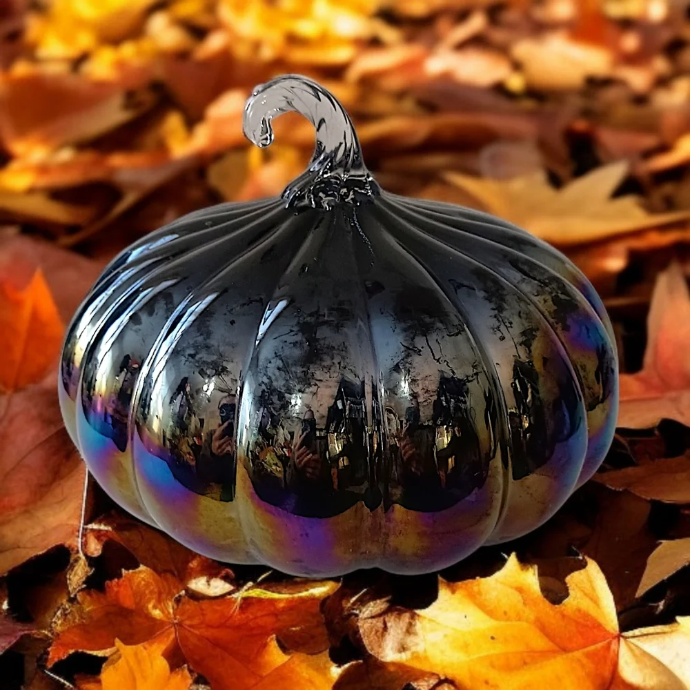 Glass Iridescent Halloween Pumpkin Carnival Hand Blown Stem Purple Black Harvest